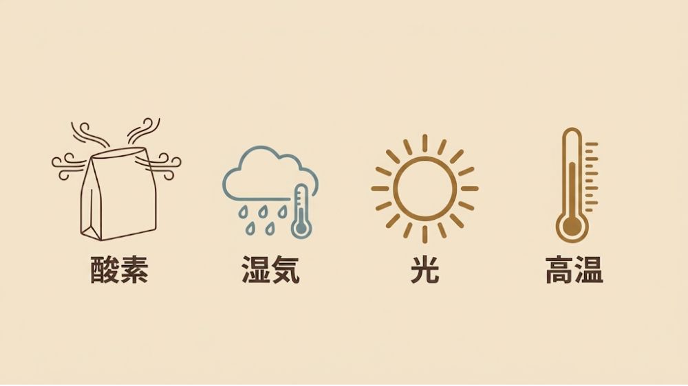 酸素・湿気・光・高温のイラスト