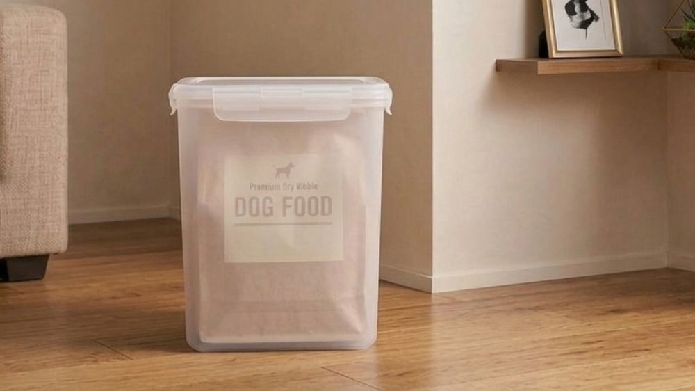 ドッグフードの袋を密閉容器に入れている