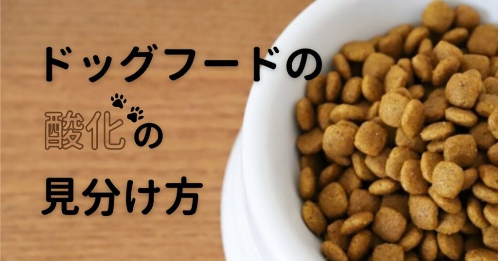 ブログ記事のアイキャッチ画像。右側には白い器にたっぷりと盛られたドライフードがクローズアップされている。左側の木目調背景には、黒色のテキストで「ドッグフードの」、その下に茶色の袋文字(フチ取り文字)で「酸化」、その右上に小さな黒い犬の肉球マークと黒色のテキストで「の」、さらにその下には黒色のテキストで「見分け方」と記載されている。全体で記事タイトルの要約「ドッグフードの酸化の見分け方」というテキストが表現されている。